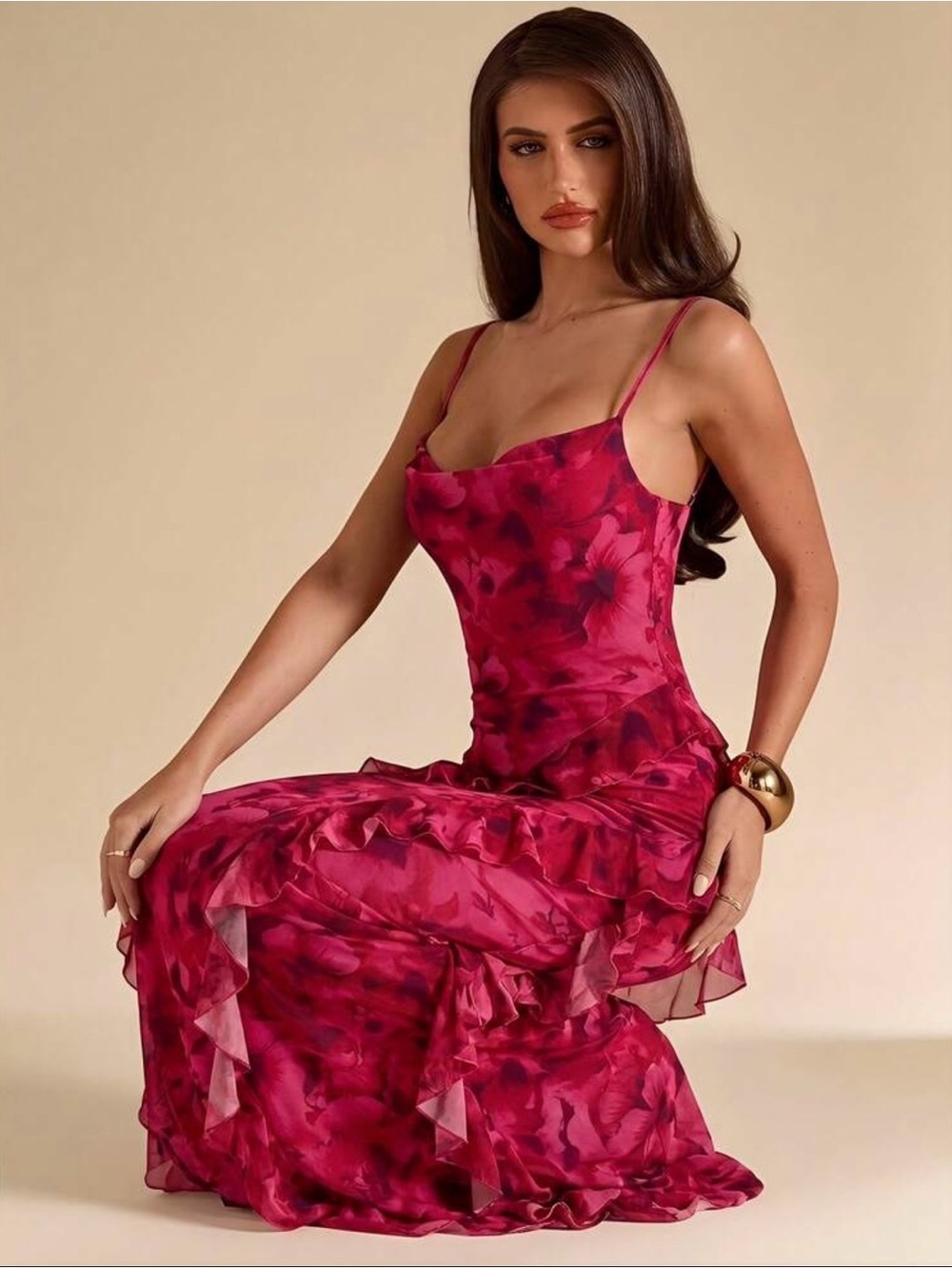 Fuchsia Pink Floral Ruffle Slip Maxi Dress - 8/10 - Picture 6 of 6